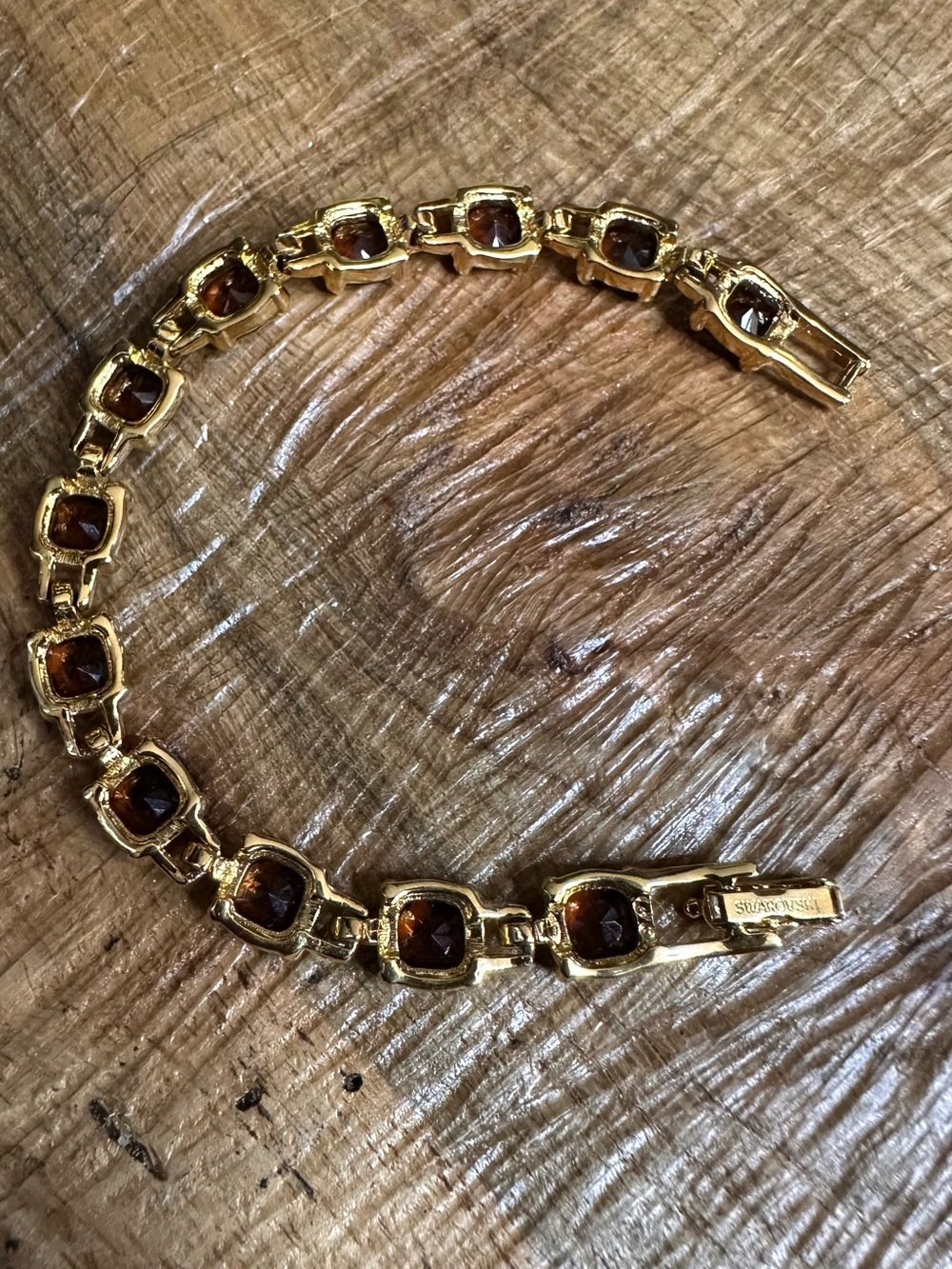 Vintage Swarovski Gold Tone Smoky Brown Crystal Tennis Bracelet Signed